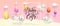 Horisontal Happy Easter banner template with eggs hanging on strings, cute white rabbits jumping around, square border