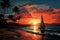 Horizon voyage, Palm-lined beach, sailing yacht at sunset illustrated coastal escape in vectors