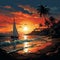 Horizon voyage, Palm-lined beach, sailing yacht at sunset illustrated coastal escape in vectors