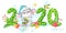 Horizontal 2020 New Year and Christmas banner with green polka dot numbers and a cute hand painted cartoon mouse, rat with berries