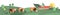 Horizontal agricultural background. Houses and grazing cows. Vector illustration.