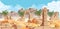 Horizontal background with desert and palms. City ruins on the horizon