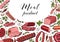 Horizontal background with different color meat products in sketch style. Sausages, ham, bacon, lard, salami