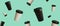 Horizontal banner with black and white flying cups of coffee on the beautiful mint background.Dual colors.Concept of coffee take