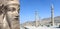 Horizontal banner with columns of Apadana Palace built by Darius the Great and face of assyrian protective deity lamassu - human-