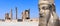 Horizontal banner with Gate of All Nations (Xerxes Gate) and face of assyrian protective deity lamassu