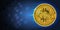 Horizontal banner with golden flying bitcoin and dark blue background
