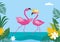 Horizontal banner with jungle exotic leaves and couple of pink dancing flamingo