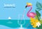 Horizontal banner with jungle exotic leaves, glass coctail  and pink flamingo .