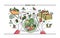 Horizontal banner with organic food. Composition with vegetables on plate, different fresh products, greenery, fruit