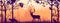 Horizontal banner. Silhouette of deer, fox, hare standing on meadow in forrest. Silhouette of animals, trees, grass. Magical mis