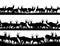 Horizontal banner silhouettes of herd of antelope in African savanna.