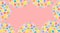 Horizontal banner. Simple multicolored flowers on a pink background.