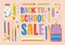 Horizontal banner with stationery, supplies and accessories for lessons, items for education. Back to school sale