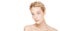 Horizontal banner of young beautiful blonde woman with blue eyes standing with naked shoulders, concept of perfect clean