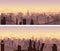 Horizontal banners of downtown roofs with antennas and chimneys at sunset.