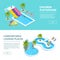 Horizontal banners with isometric pictures of water park and kids playgrounds