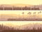 Horizontal banners of locomotive, train and hills coniferous woo