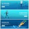 Horizontal banners with sea scuba divers. Funny cartoon characters