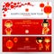 Horizontal Banners Set with Chinese New Year. Boy and girl, sakura branch, lamp. Vector illustration of flat