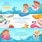 Horizontal banners set with illustrations of happy childrens playing on the beach and water park
