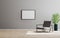 Horizontal blank empty vertical frame mock up in empty room with gray armchair and green plant, empty gray wall and wooden floor,