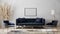 Horizontal blank poster frames on gray wall mockup in modern luxury interior design with dark blue sofa, armchairs near cofee