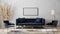 Horizontal blank poster frames on gray wall mockup in modern luxury interior design with dark blue sofa, armchairs near cofee