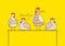 Horizontal border with cute chickens on the roost on yellow background - cartoon hens characters for happy farm design