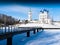 Horizontal bridge to orthodox winter temple background