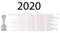 Horizontal calendar for 2020 on white.