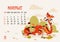 Horizontal calendar page for november 2024 with mushroom dragon. Isolated on beige background. The symbol of the year of dragon.