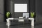 Horizontal canvas on black wall and creative white wood office desk