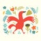 Horizontal card with whimsical bird and winged horse, floral and decorative.Greeting card with red bird and flowers