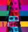 Horizontal collage of cropped multinational male and female eyes placed on narrow multicolored stripes in neon lights.
