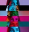 Horizontal collage of cropped multinational male and female eyes placed on narrow stripes in neon lights.
