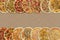 Horizontal collage of different baked pizzas on cardboard.