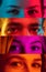 Horizontal collage of four cropped multinational male and female eyes placed on narrow stripes in neon lights.