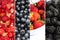 Horizontal collage of strawberries, blackberries, blueberries and strawberries . Fresh ripe berries. The concept of vegan food