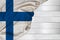 Horizontal color national flag of modern state of Finland, beautiful silk, white wood background, concept of tourism, economy,