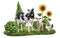 Horizontal composition of cow, lamb and chicken. Farm animals graze in a field with bushes and sunflowers. Digital illustration on