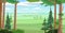 Horizontal forest view of spacious rural fields. Cute funny floral green landscape. Rural countryside. Illustration in
