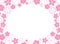Horizontal frame with flat pink geometrical sakura flowers on white background