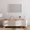 Horizontal frame mockup in modern interior background. Empty frames above white chest of drawers with beautiful decor.