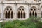 Horizontal front view of gothic arches from the cloister garden of the Poblet Monastery, Tarragona, Spain,