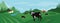 Horizontal illustration of Alpine agricultural landscape with tractor and cows