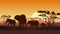 Horizontal illustration of wild animals in African sunset savanna.