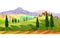 Horizontal Italian landscape with mountains, hills, vineyard, cypress.