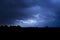 Horizontal lightning bolt with many side branches travels through the sky over a forest