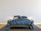 Horizontal mock up poster frame in modern interior background, luxury bed with clean blue bedding in modern bedroom